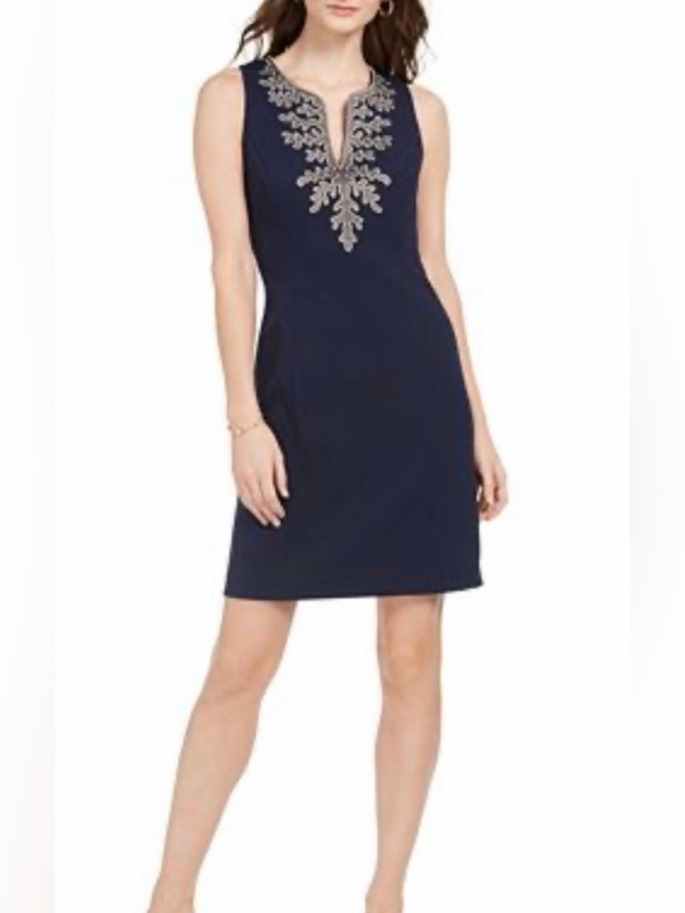Pappagallo Amaya Sheath Dress Scroll Taping Size 12 Black Gold Embroidered Party